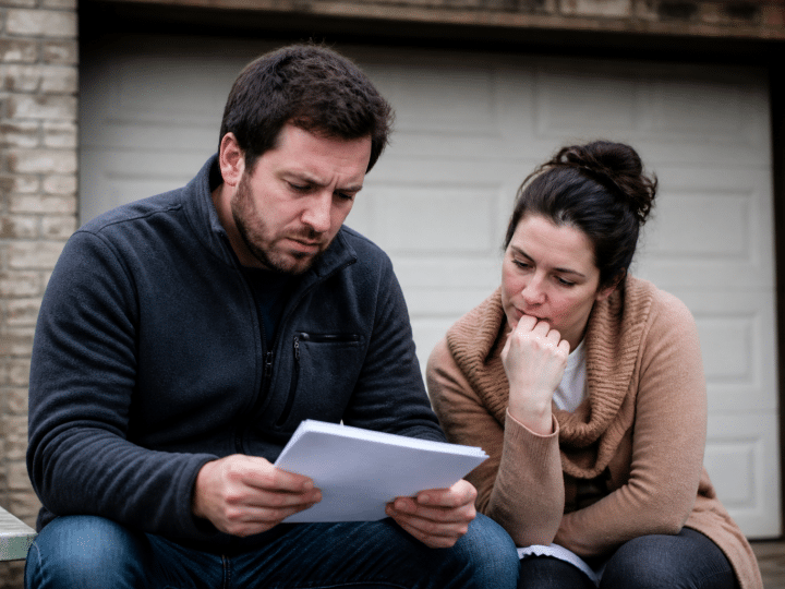 Couple examinant documents assis devant garage