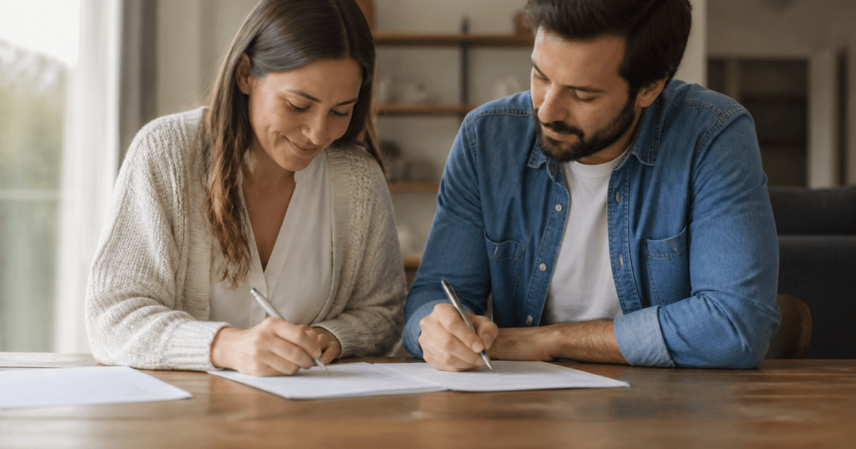 Deux personnes signant document immobilier ensemble a table
