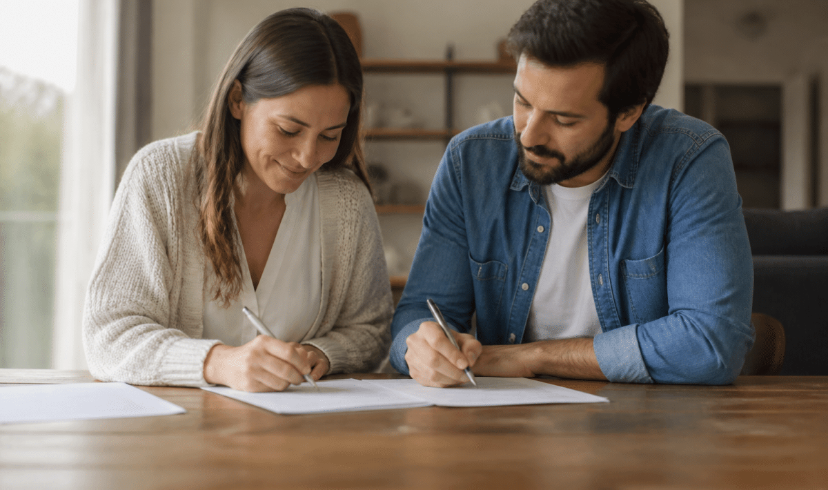 Deux personnes signant document immobilier ensemble a table