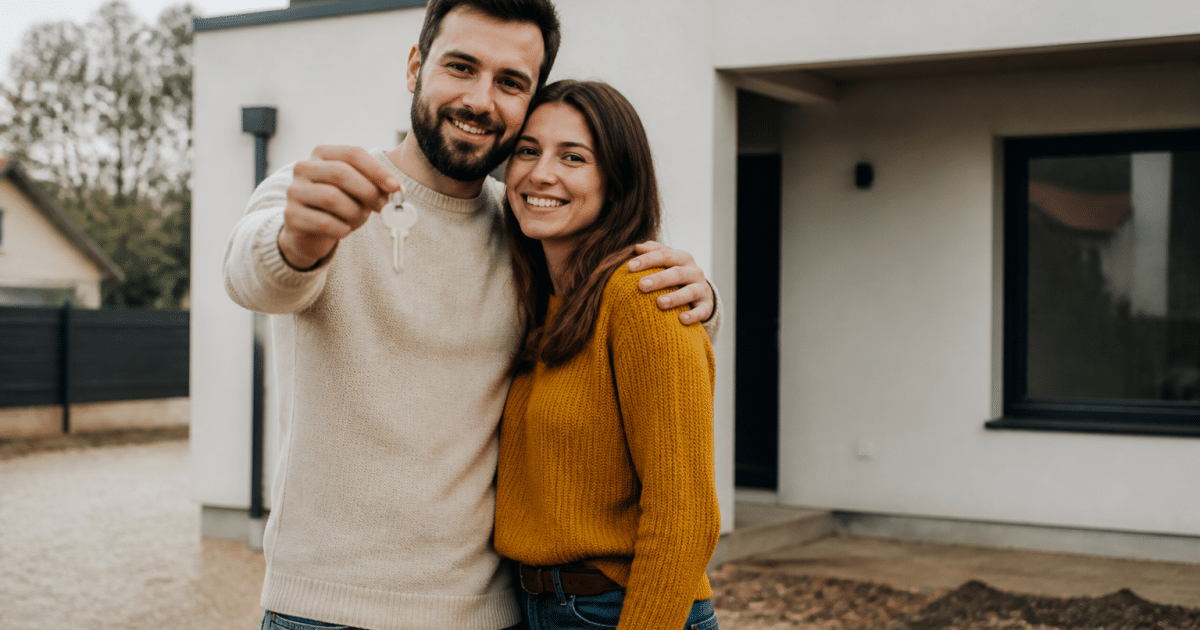 Couple tenant les cles devant maison neuve