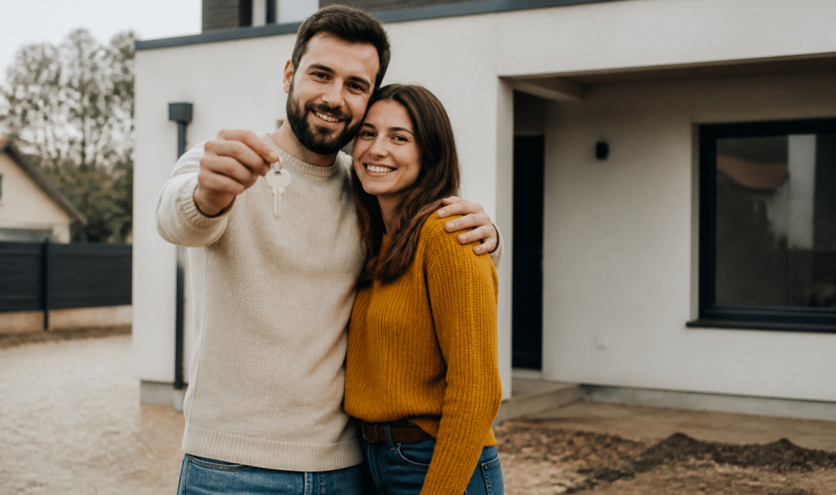 Couple tenant les cles devant maison neuve