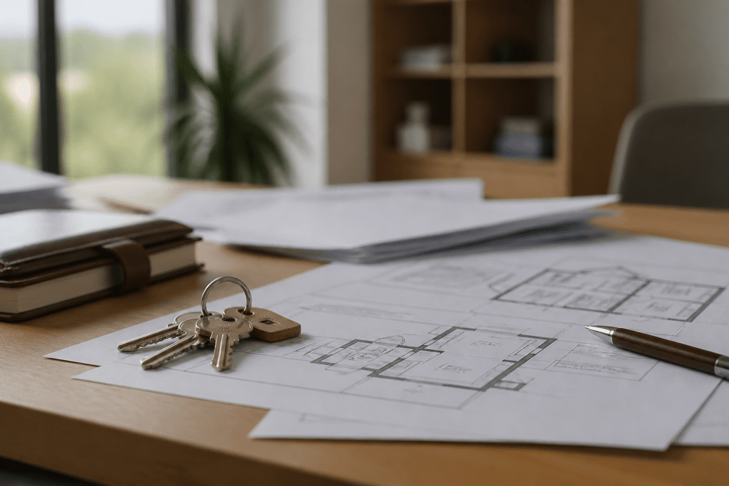 Contrat immobilier avec clés et plans de construction neuve