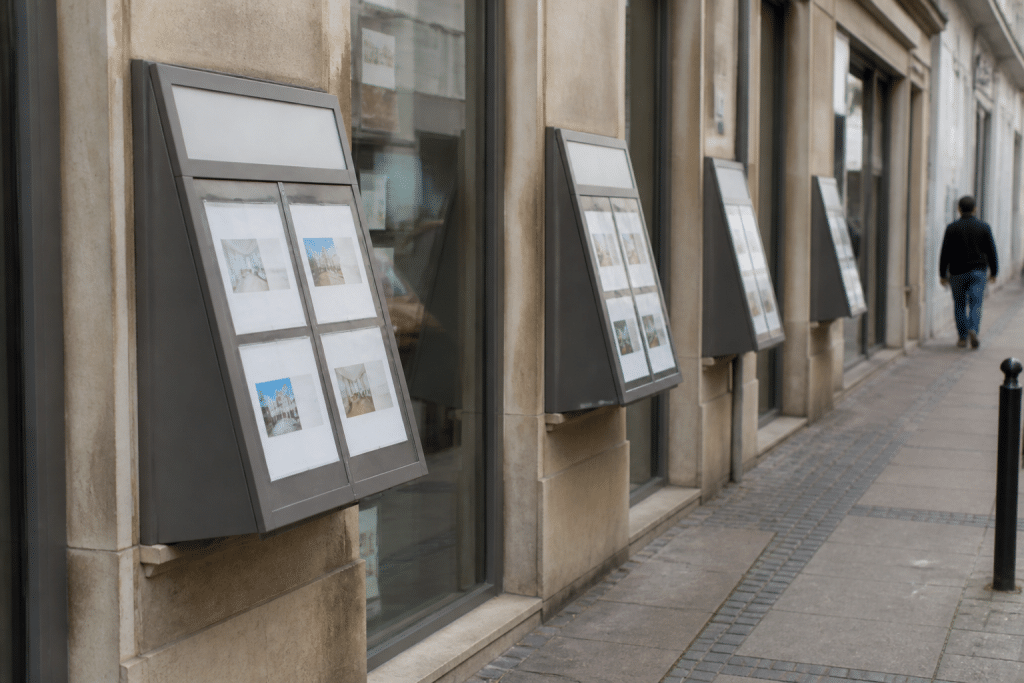 Panneaux immobiliers affichant tarifs fixes et logos agences
