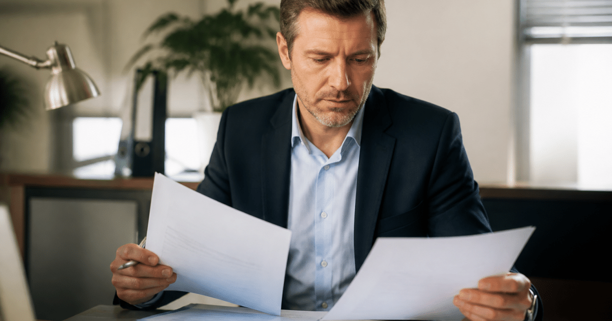 Agent immobilier assis bureau documents fiscaux devant lui