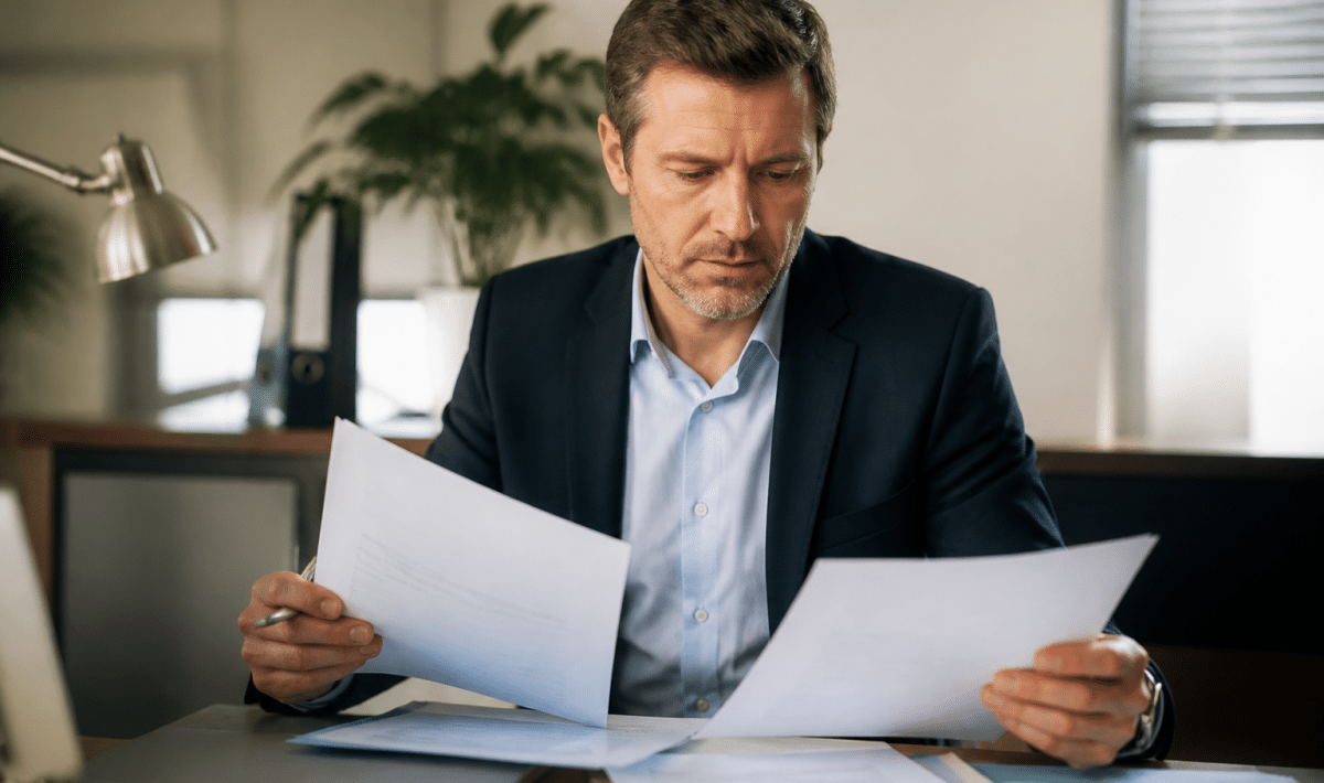 Agent immobilier assis bureau documents fiscaux devant lui
