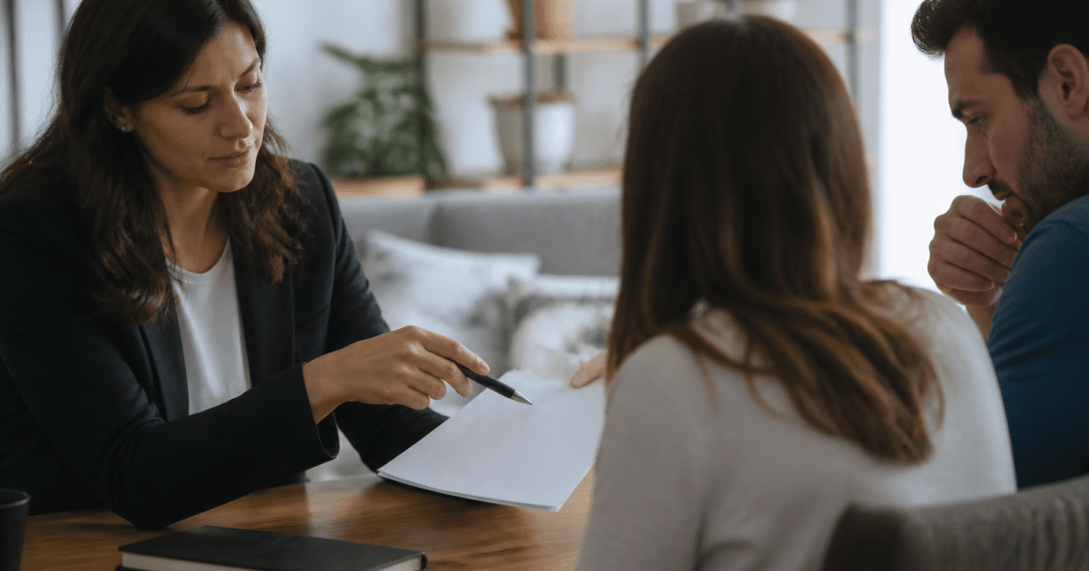 Agent immobilier presentant contrat de commission a client assis