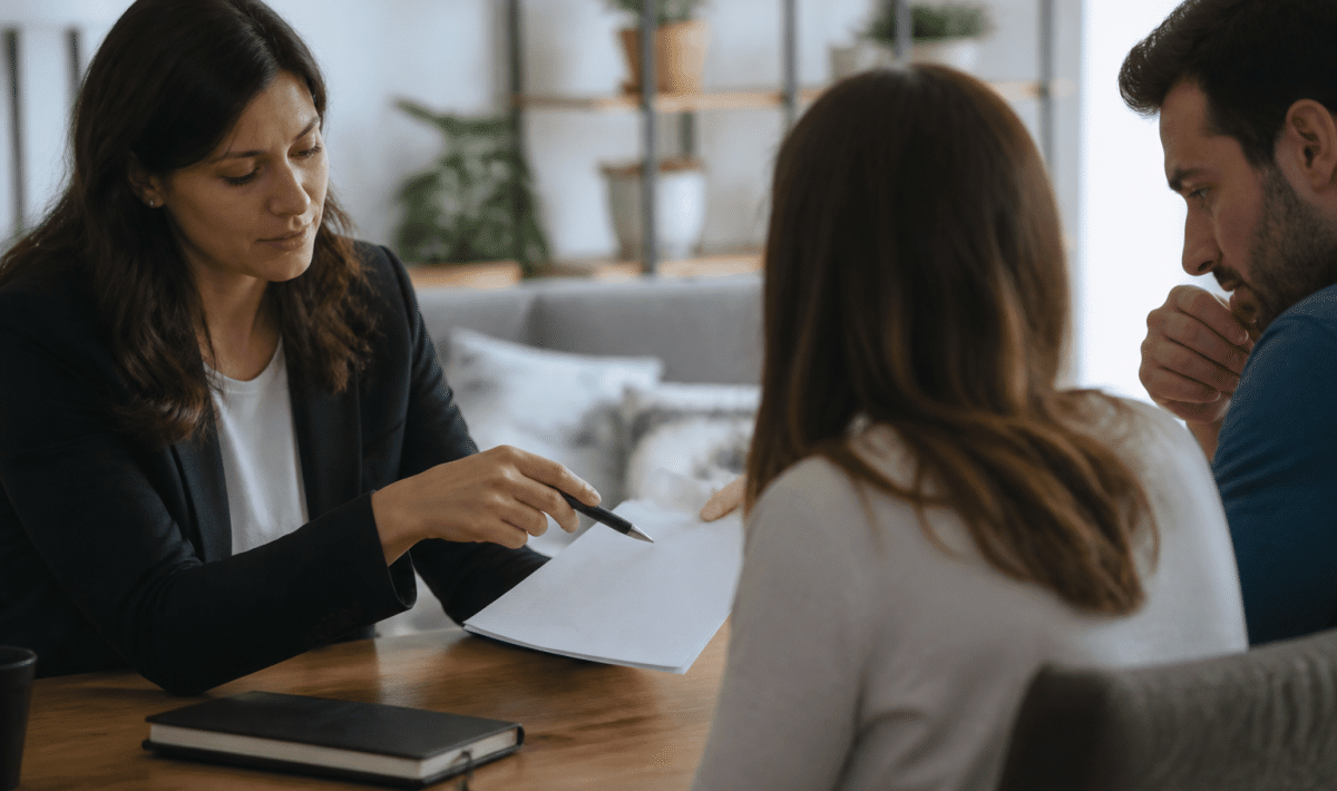 Agent immobilier presentant contrat de commission a client assis