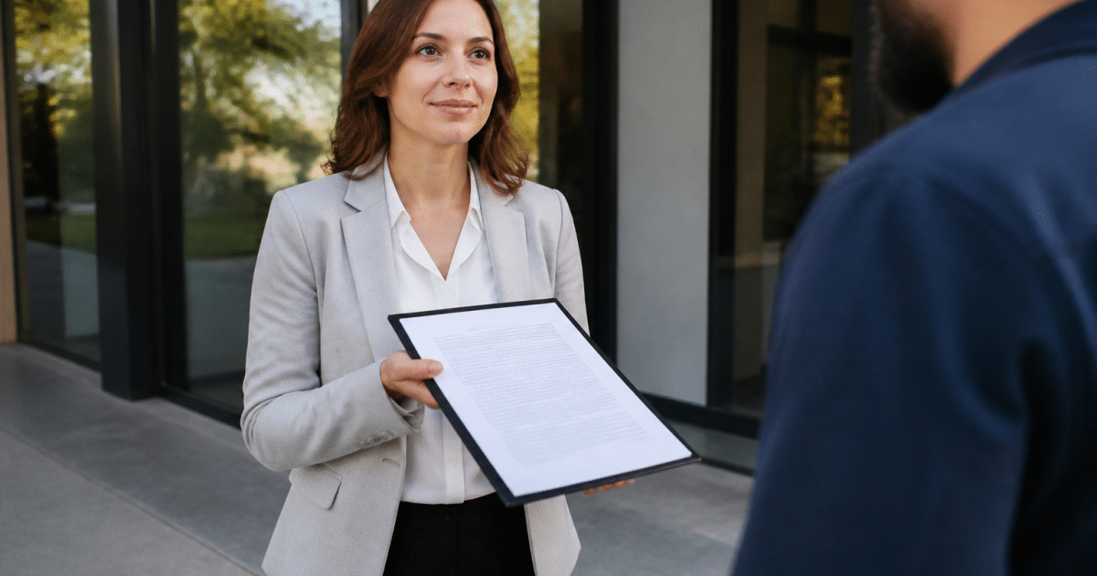 Agent immobilier presentant contrat location devant bureau