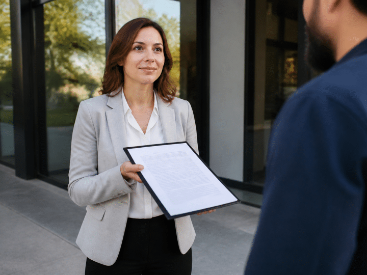 Agent immobilier presentant contrat location devant bureau