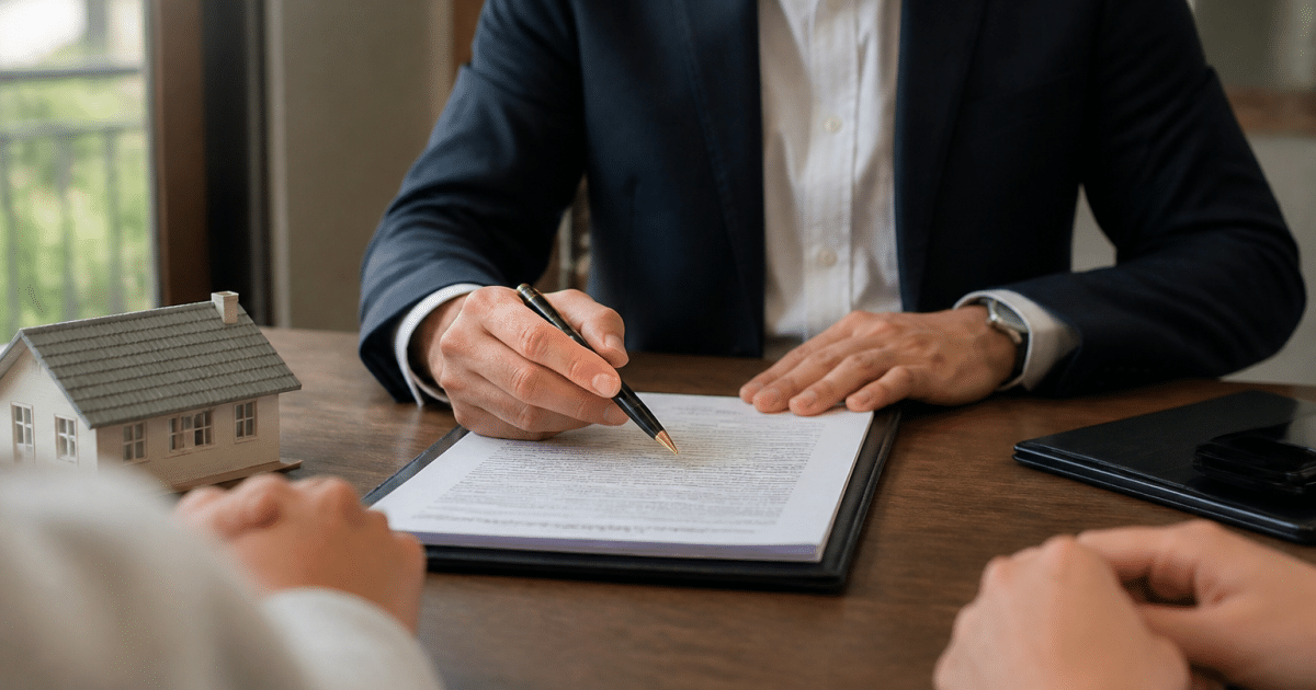 Agent immobilier montrant contrat de vente avec stylo sur bureau