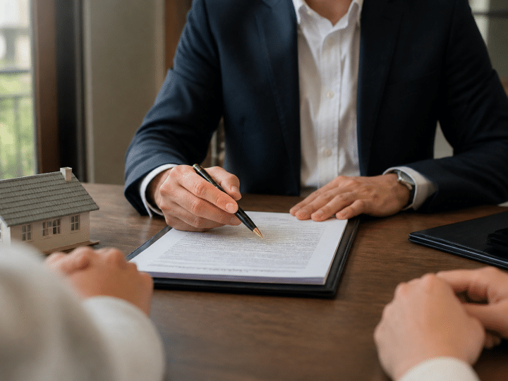 Agent immobilier montrant contrat de vente avec stylo sur bureau