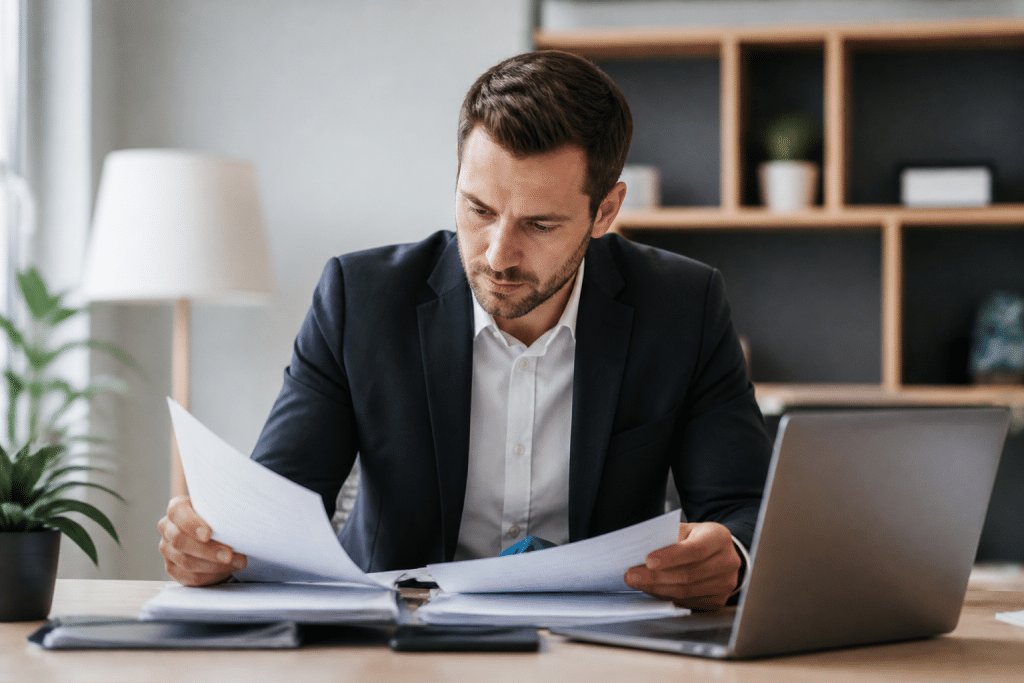 Agent immobilier consultant documents fiscaux sur bureau