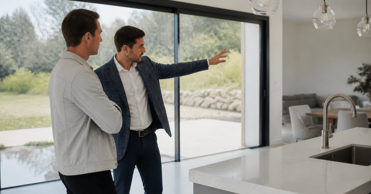 Agent immobilier presentant une propriete luxueuse a un client