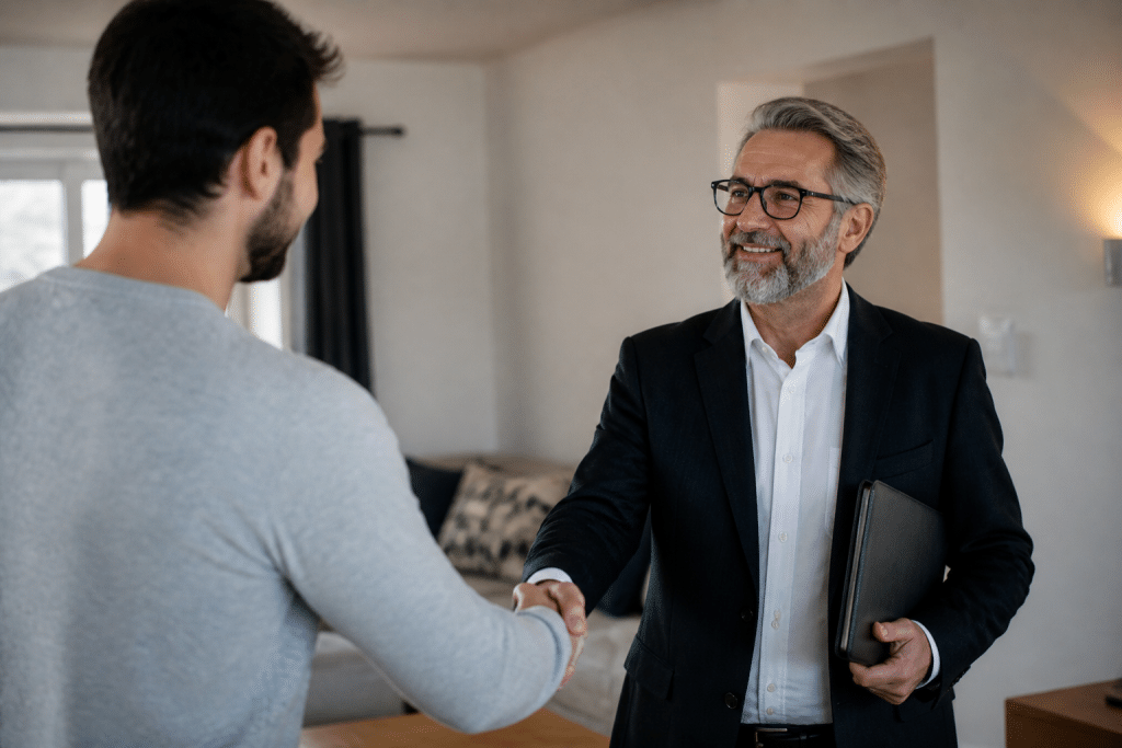Agent immobilier mature serrant la main d'un client