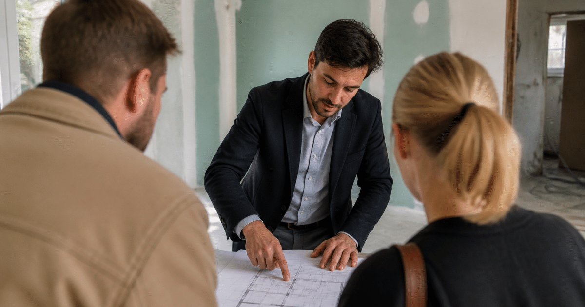 Agent immobilier presentant plans batiment devant clients
