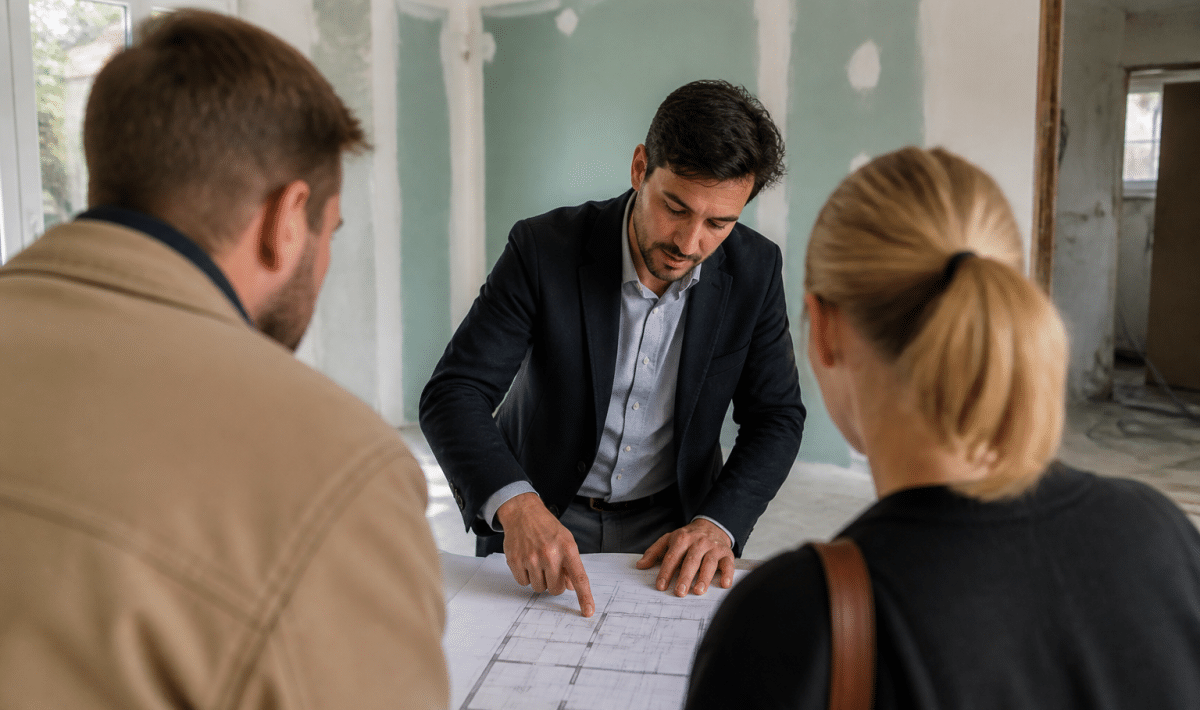 Agent immobilier presentant plans batiment devant clients