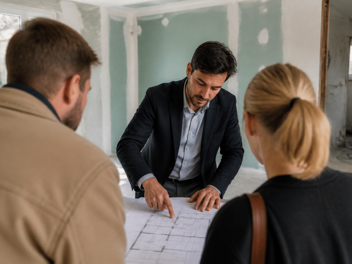 Agent immobilier presentant plans batiment devant clients