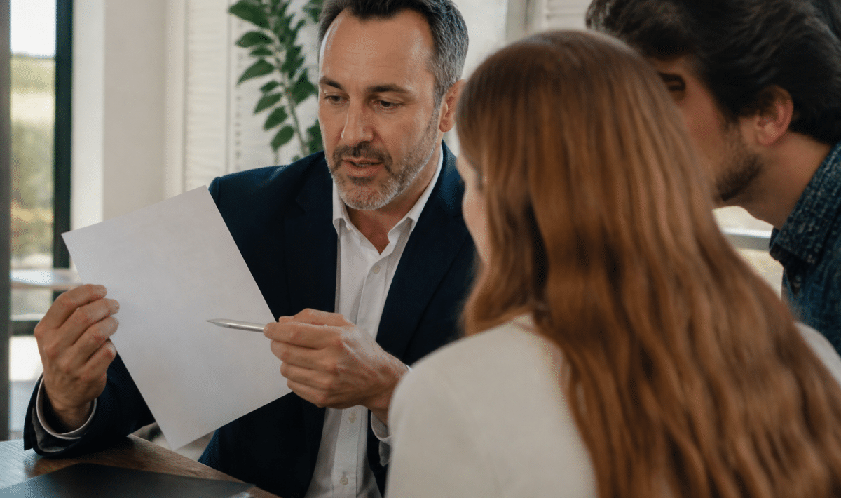 Agent immobilier tenant document avec pourcentage commission affiche