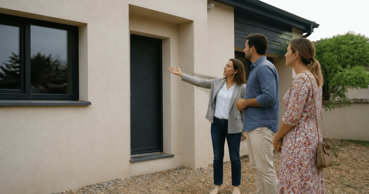 Agent immobilier presentant facade maison a couple acheteurs potentiels