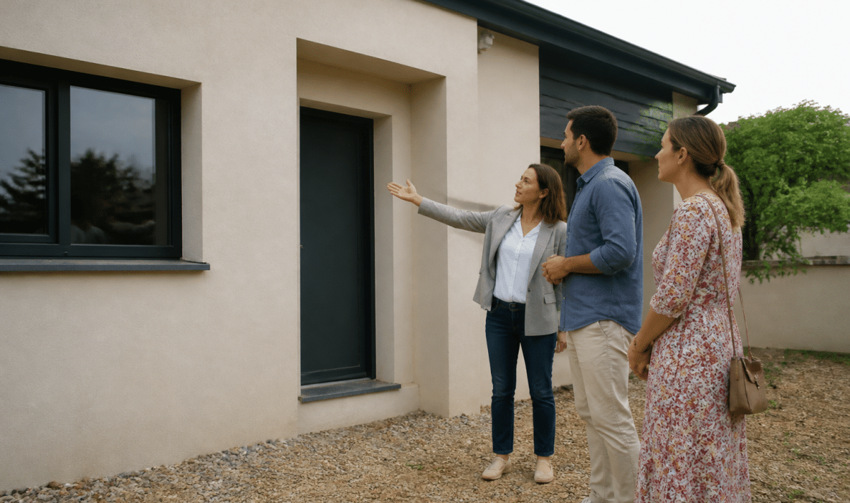 Agent immobilier presentant facade maison a couple acheteurs potentiels