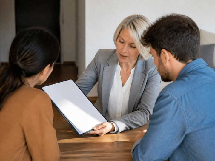 Agent immobilier presentant contrat de vente avec tarif affiche clairement