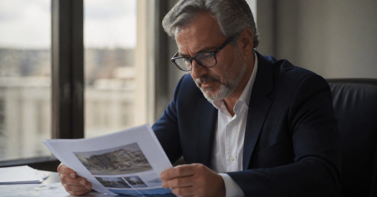 Homme d'age mur consultant documents immobiliers au bureau