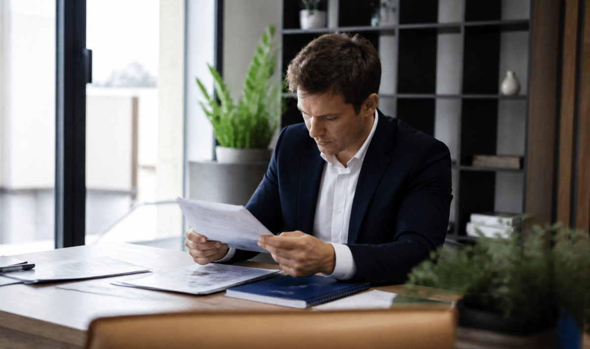 Professionnel immobilier examinant documents salaire bureau assis