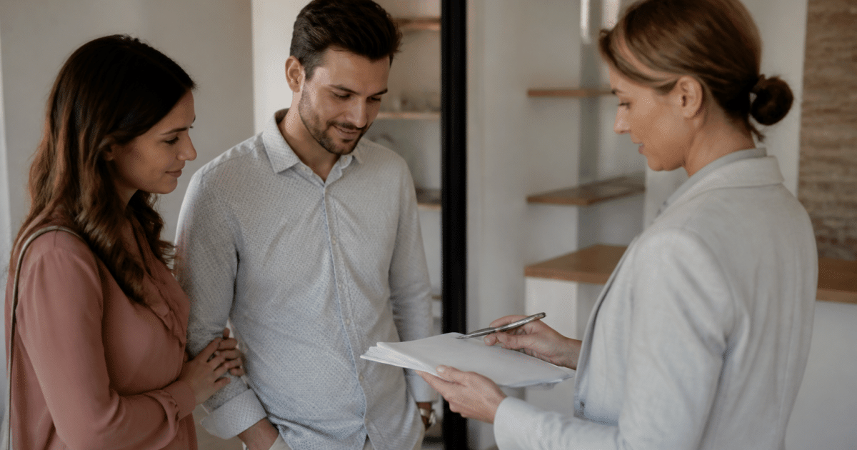 Professionnel immobilier debout présentant contrat signé clients