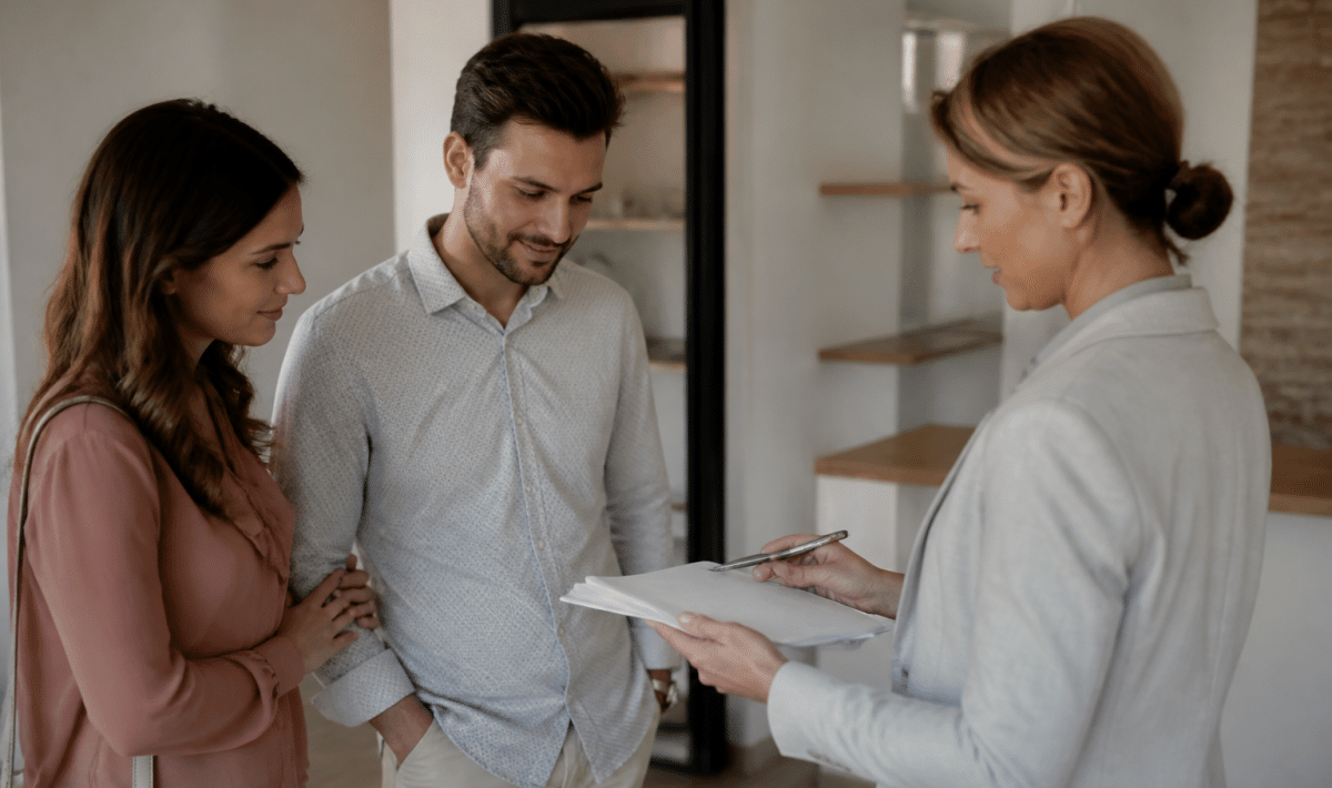 Professionnel immobilier debout présentant contrat signé clients