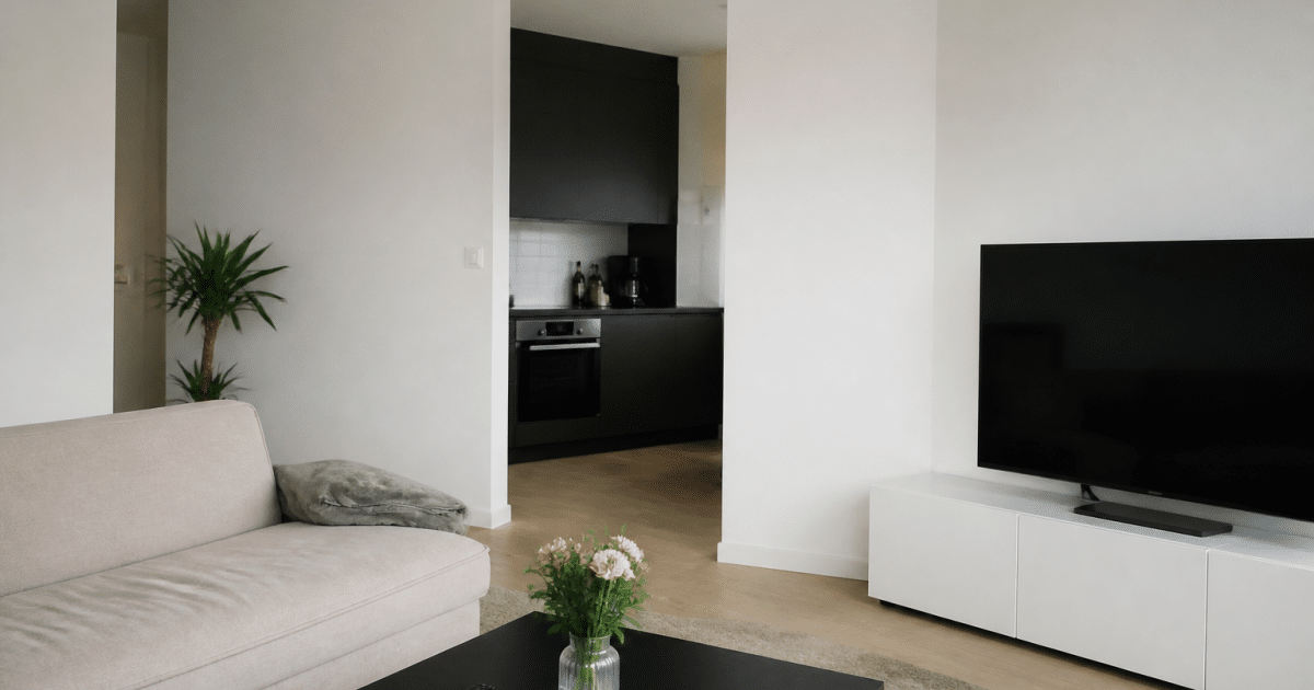 Appartement moderne avec murs blancs et mobilier minimaliste rangé
