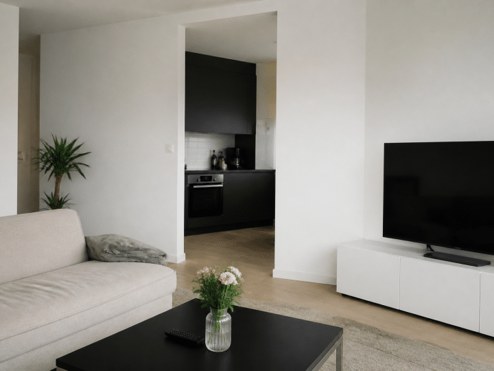 Appartement moderne avec murs blancs et mobilier minimaliste rangé