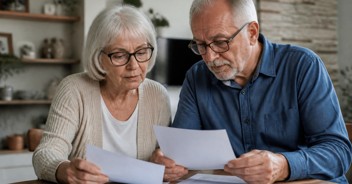 Couple senior assis examinant documents financiers ensemble