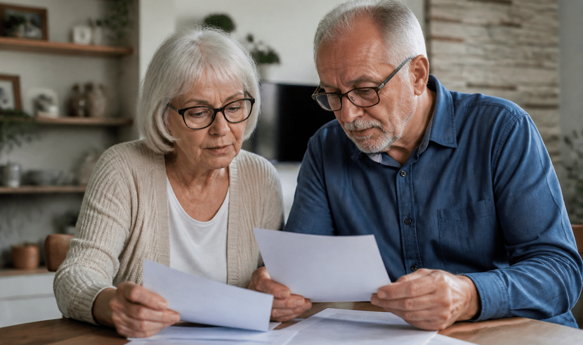 Couple senior assis examinant documents financiers ensemble
