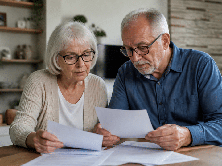 Couple senior assis examinant documents financiers ensemble