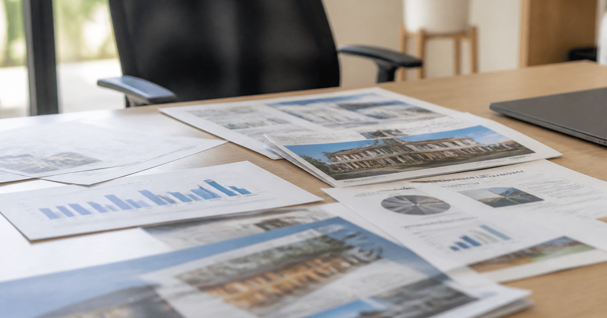 Documents tarifaires immobiliers etalés sur bureau professionnel