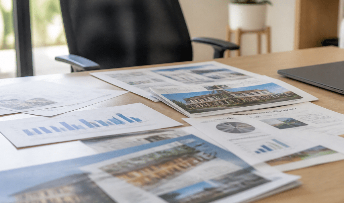 Documents tarifaires immobiliers etalés sur bureau professionnel