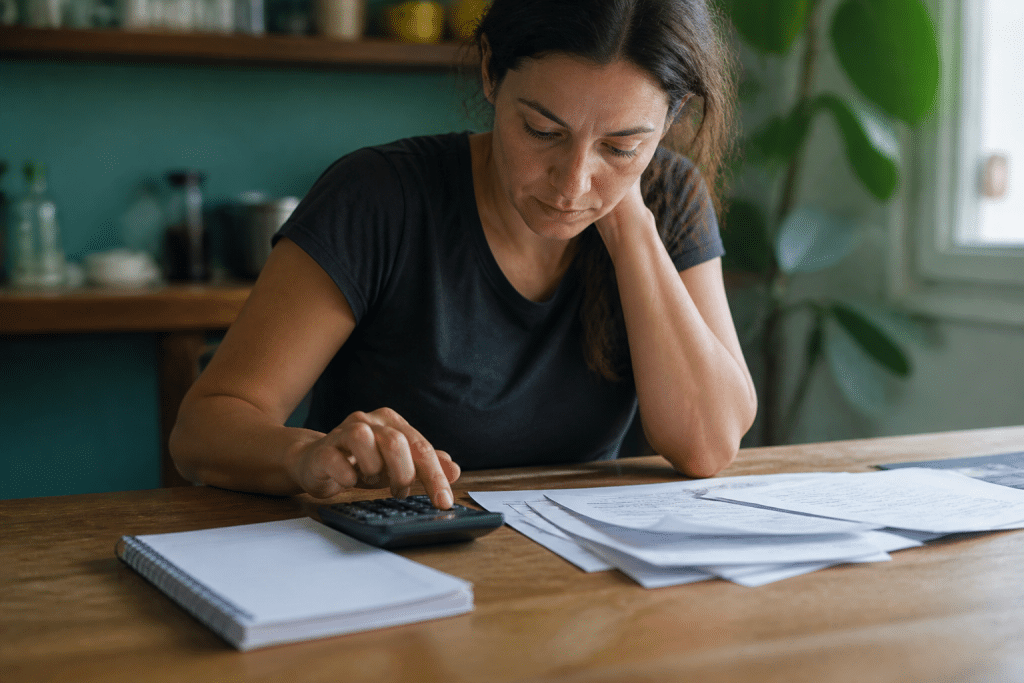 Personne consultant documents financiers avec calculatrice et bloc-notes