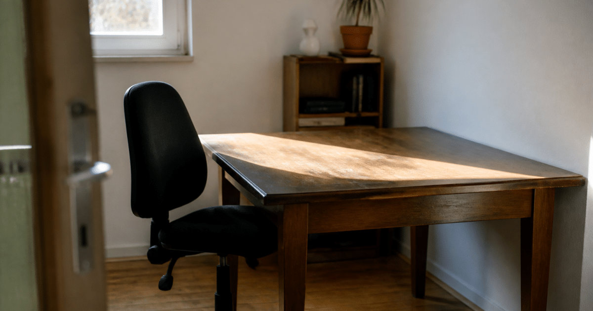 Espace de travail meuble avec bureau et chaise vides