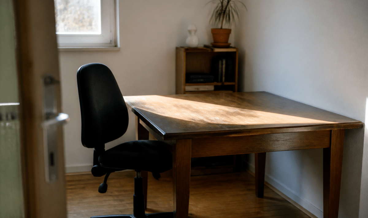 Espace de travail meuble avec bureau et chaise vides