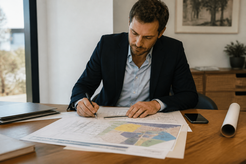 Agent immobilier calculant tarifs sur document avec metre et carte zones