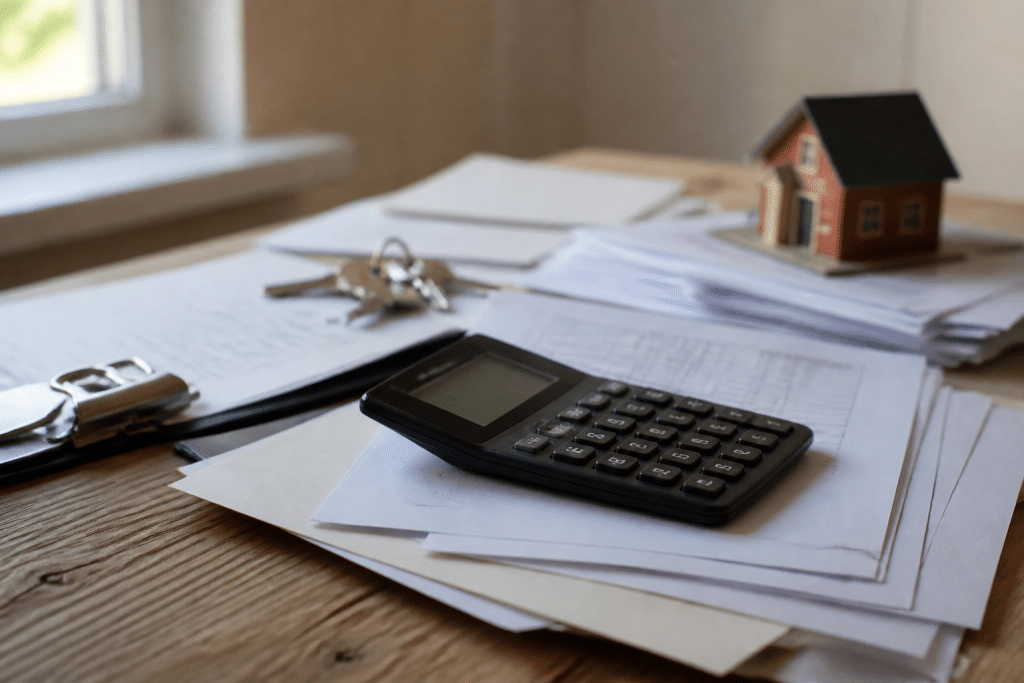 Documents financiers et calculatrice montrant valeur immobilière nette
