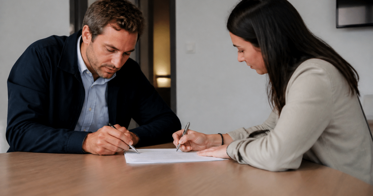 Deux personnes signant document immobilier face a face