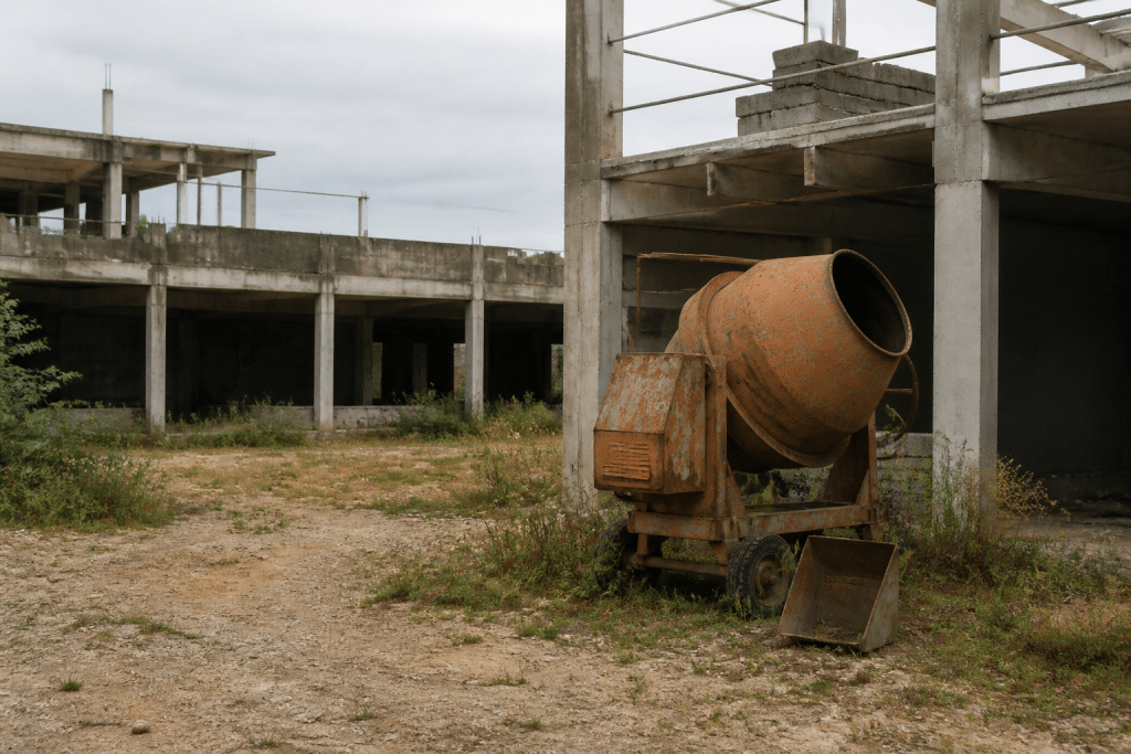 Chantier de construction abandonne avec equipements immobiles