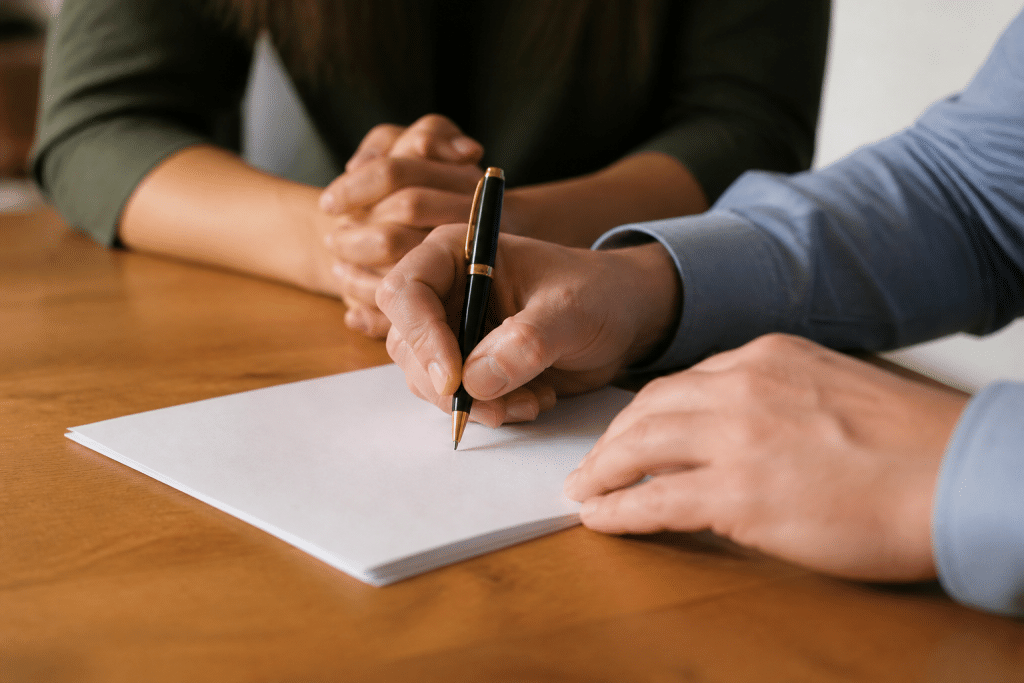 Contrat immobilier signé avec stylo sur document officiel