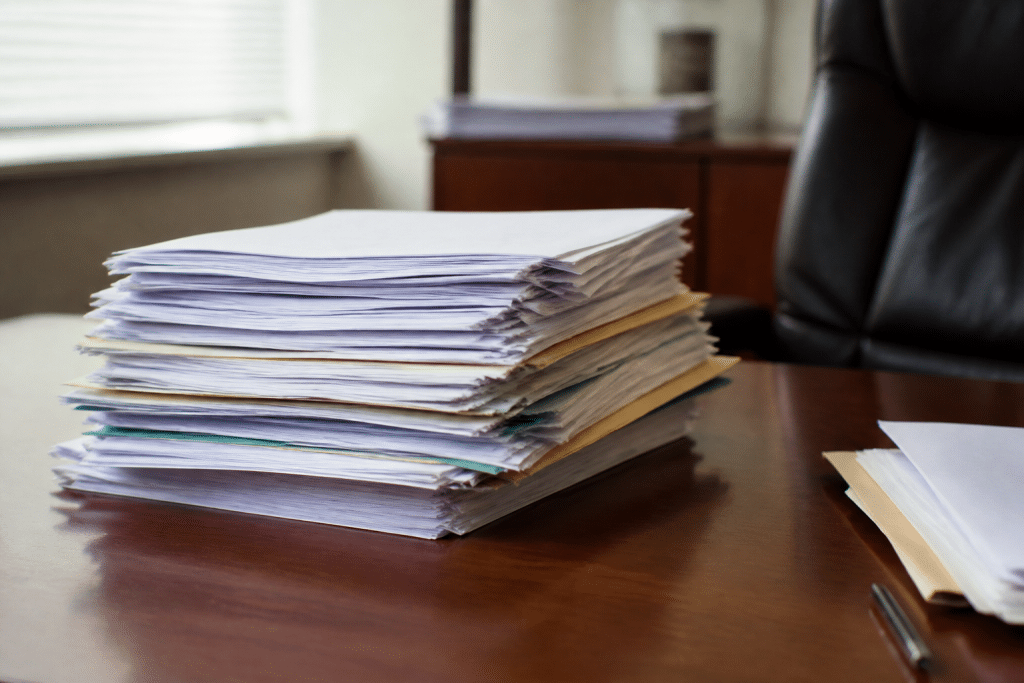 Documents contrats immobiliers empilés sur bureau professionnel