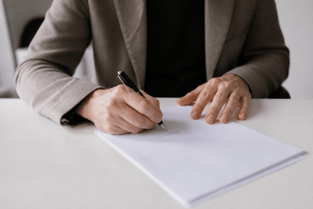 Document signé avec stylo sur bureau blanc