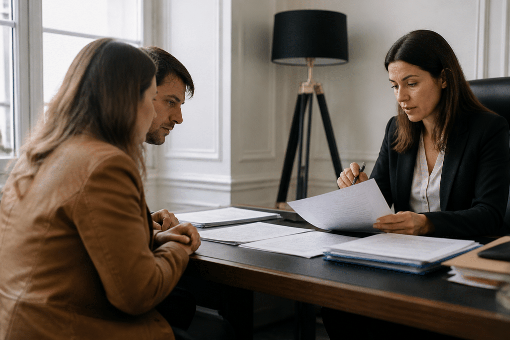 Notaire expliquant frais et documents légaux à clients