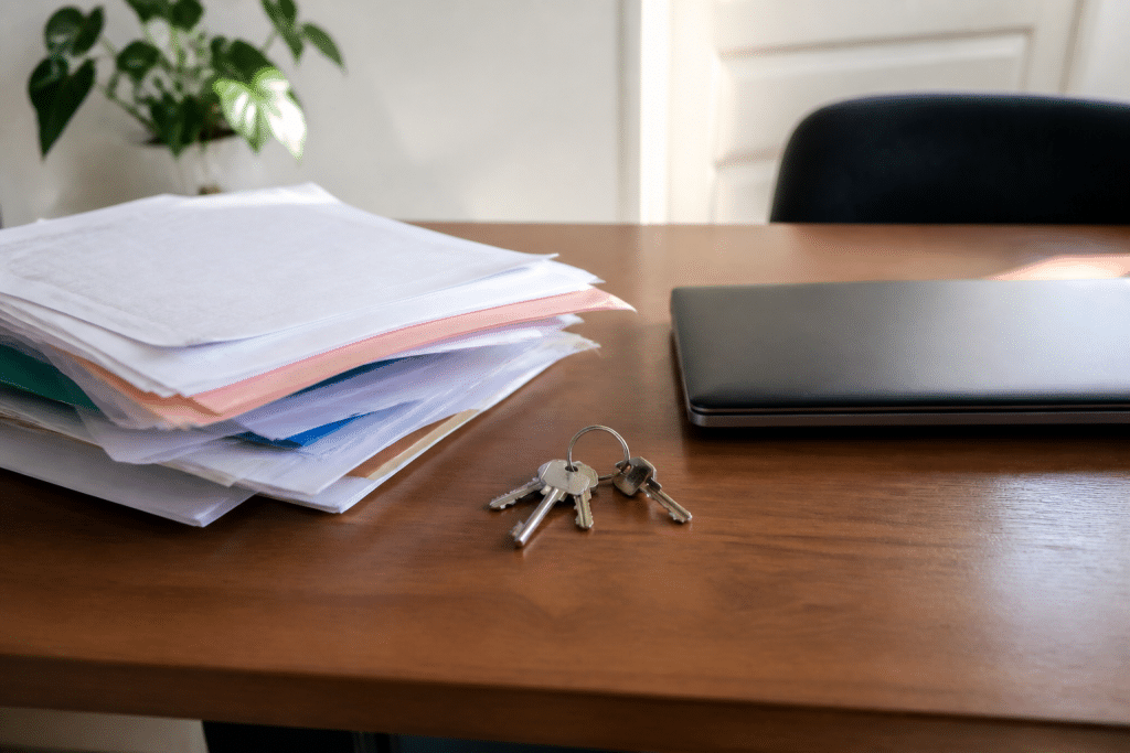 Documents administratifs et cles posees sur bureau