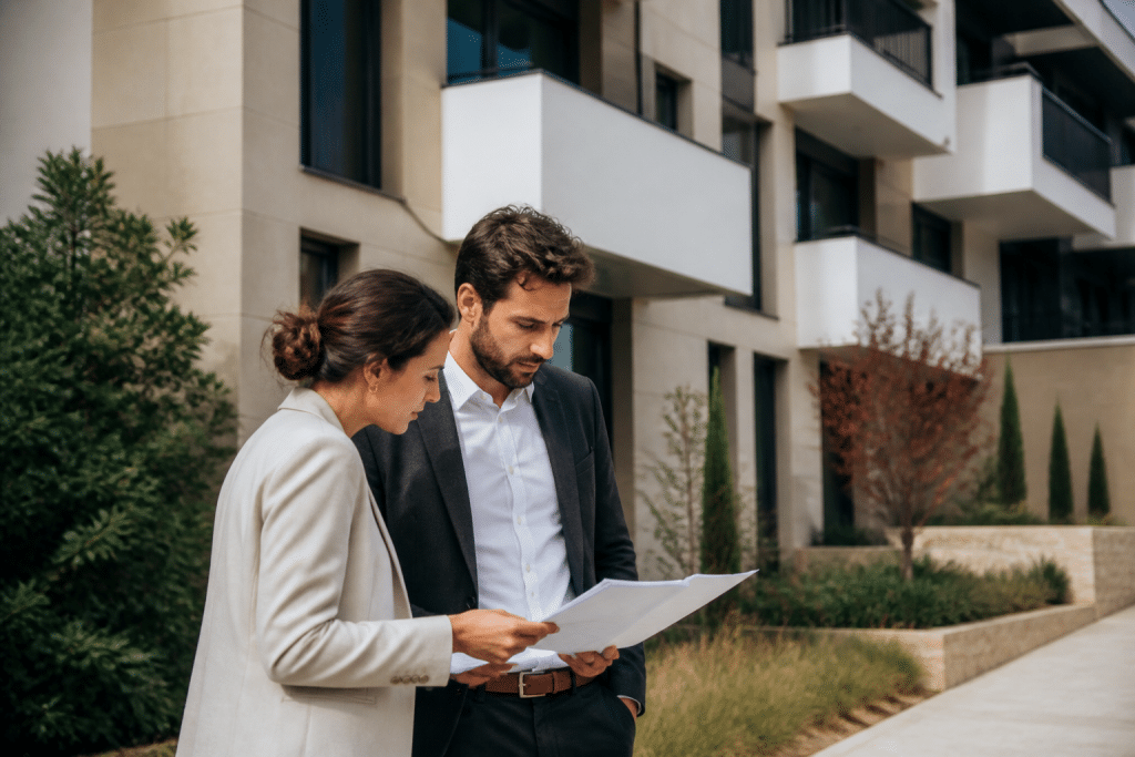 Professionnels immobiliers consultant documents devant immeuble moderne