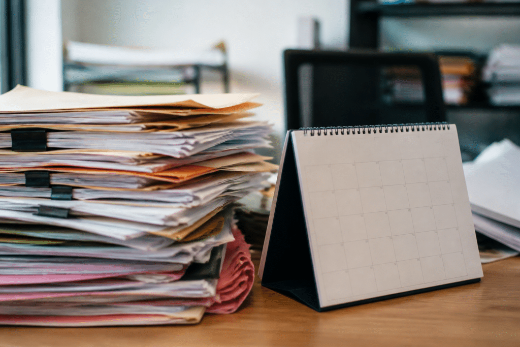 Dossiers administratifs empilés sur bureau avec calendrier réunion